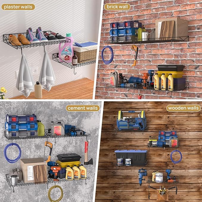 4 Pack Garage Wall Shelf, Garage Wall Mounted Shelving, Heavy Duty Floating Shelves With 8 Hooks, Loads 180 LBS Black Wall Shelves Mesh Storage Rack for Office, Basement, Wall Cabinet and Kitchen