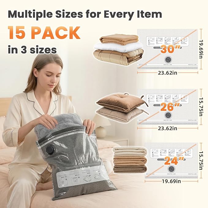 Upgrade 15 Pack Travel Vacuum Bags with 2000mAh Rechargeable Electric Pump, Reusable Vacuum Bags for Clothes Space-Saving Organizer for Luggage, Suitcase, Vacation