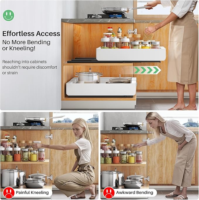 Pull out Cabinet Organizer, Wider Expandable(14"-24") Heavy Duty Slide out Drawers Fixed with Adhesive Nano Film for Pots, Roll out Shelf Storage for Kitchen Cabinet Organization(White-1pc)(3 Rails)