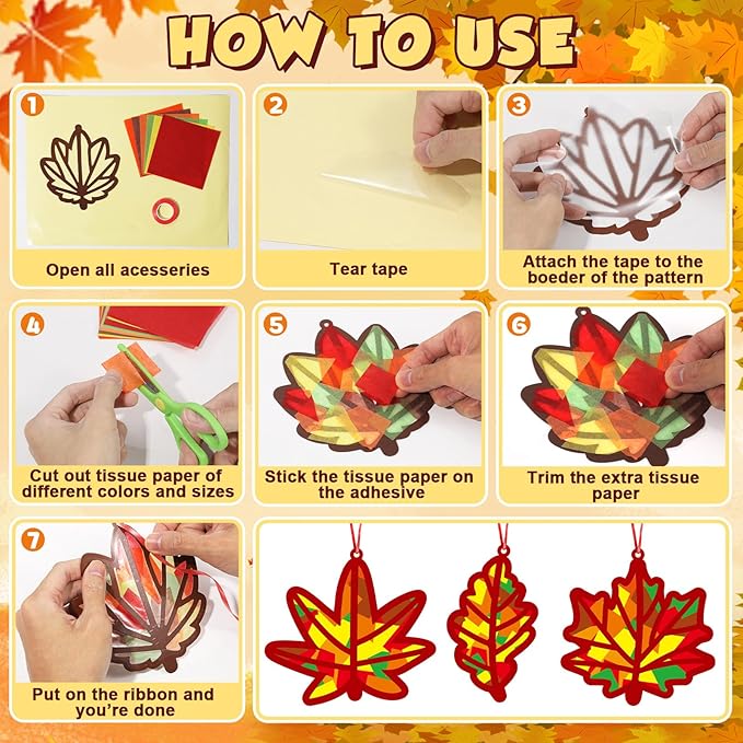 Qyeahkj 36 Set Fall Maple Leaves Suncatchers Crafts for DIY Autumn Window Tissue Paper Crafts Kit Thanksgiving Maple Hanging Decor for Fall Home Activity Art Project Birthday Party Favor Gift