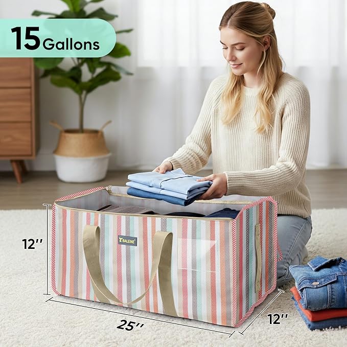 BALEINE Extra Large Storage Tote with Zippers & Carrying Handles, Heavy-Duty Oxford Fabric Moving Bags for Laundry, Space Saving, Storage, 2-Pack, Color Stripe