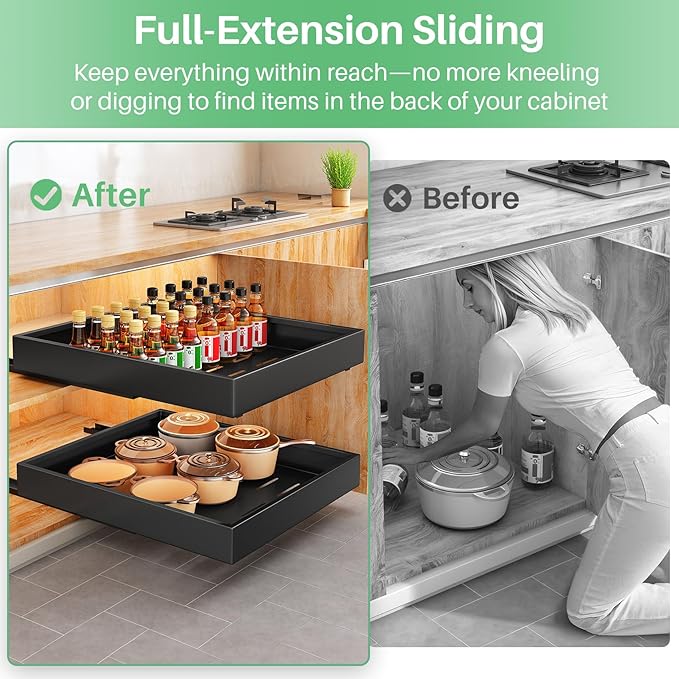 2Pack Pull out Cabinet Organizer, 21"Deep, 20"Wide Full-extension Heavy Duty Slide out Drawers Fixed with Adhesive Nano, Roll Out Shelves Sliding Cabinet for Kitchen,Bathroom,Pantry,Under Sink(Black)
