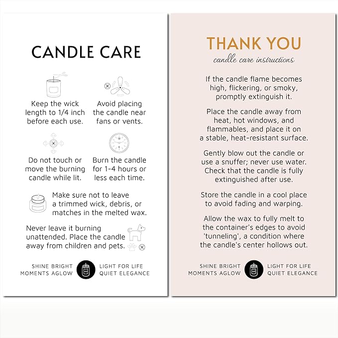200 pack - Premium Handmade Candle Care Instruction Cards White 2x3.5 in, Small Business | Soy Bees Wax Melt, Candle Makers, Making Supplies Kit Set, Containers, Jars, Pot, Package
