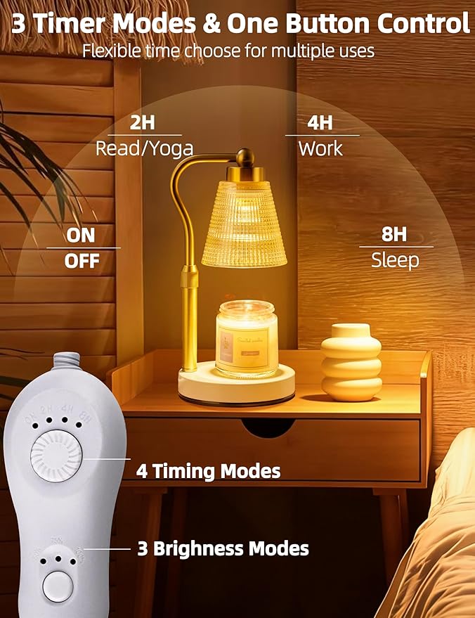 Candle Warmer Lamp for Jar Candles, Height Adjustable & Dimmable with 2/4/8H Timer, 2*50W Halogen Wax Melter Warmer for Home Office Décor, Flameless & Smokeless, Gift for Women Mom,Gold- Amber/1 Pack