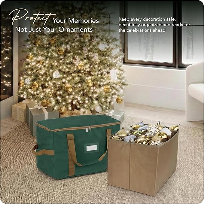 Covermates Keepsakes Adjustable Ornament Storage Bag – Heavy-Duty Polyester, Padded Dividers & FlexGrid Trays – Protective Holiday Ornament Organizer with Handles & Label Window, Green