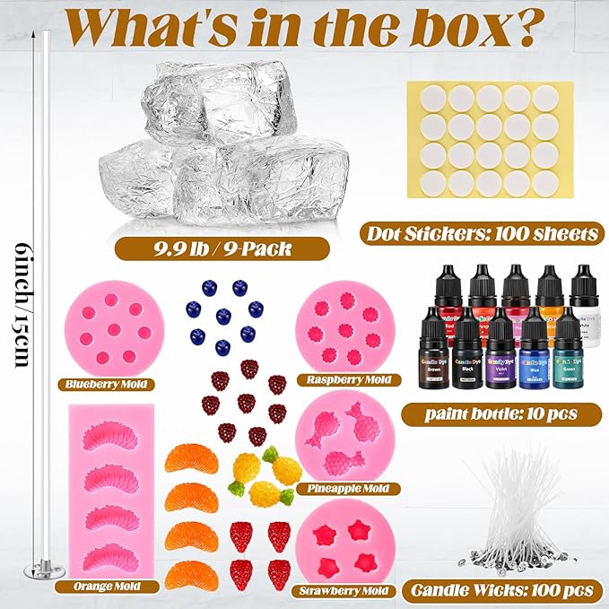 Heigble 3.3 lb Gel Wax for Candle Making Candle Making Kit with 5 Fruit Silicone Molds Wick Stickers and Liquid Dye DIY Clear Jelly Make Candles DIY Supplies for Party Supplies