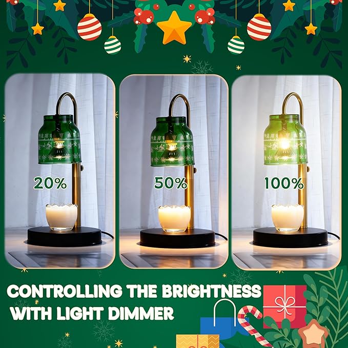 AIKUT Christmas Candle Warmer Lamp, with 2 Bulbs,Timer & Dimmer,Compatible with Large Yankee Candle Jars,3 Wick Candles,Height Adjustable Electric Top Candle Melter,Green,110-120v,Mother's Day Gifts