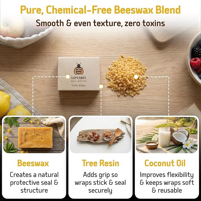 SuperBee Beeswax Drops for Wraps – DIY Kit with Tree Resin & Coconut Oil, Makes Up to 12 Beeswax Wraps, 100g Pack of Drops for Easy Melting & Spreading, Great for Homemade Food Covers