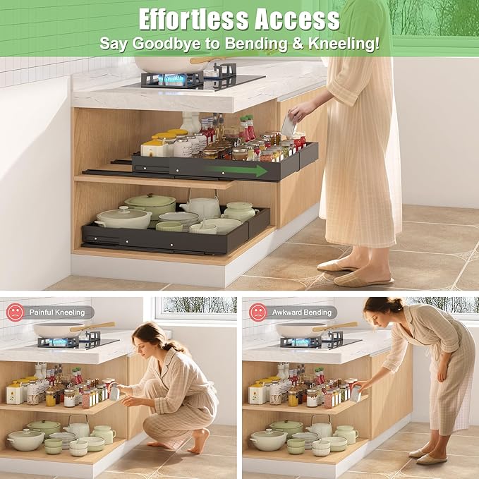 1 Pcs Pull Out Drawers for Cabinets Organizer Expandable Width(11.8"-19.4"), Depth(16.45"-21.7") With 3 Rails, No Drill Roll Out Drawer, Adhesive Sliding Drawers (Black)