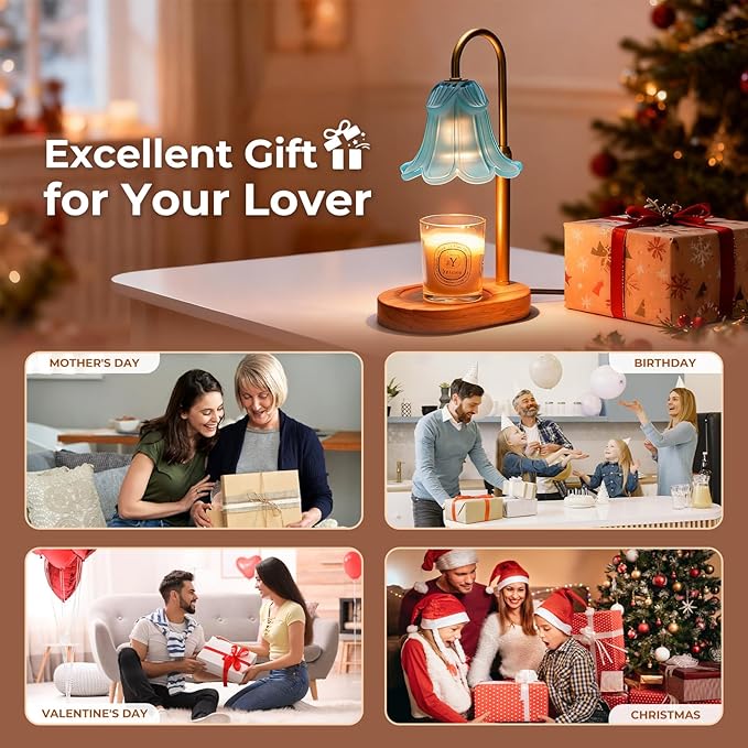 Candle Warmer Lamp with Timer Dimmable, Wax Melt Warmer Adjustable Height, Flower Warmer Lamp with 2 Bulbs for Jar Candles, House Warming New Home Decor, Gift for Mom Women (Blue)