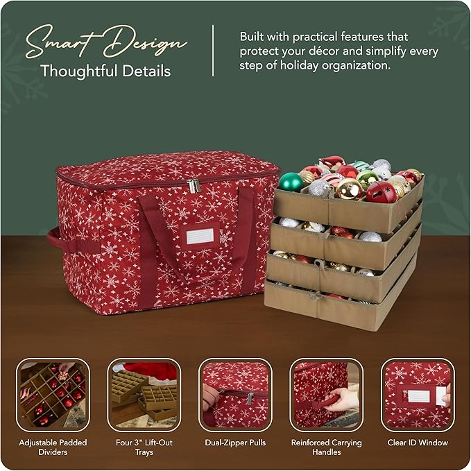 Covermates Keepsakes Adjustable Ornament Storage Bag – Heavy-Duty Polyester, Padded Dividers & FlexGrid Trays – Protective Holiday Ornament Organizer with Handles & Label Window, Red Snowflake