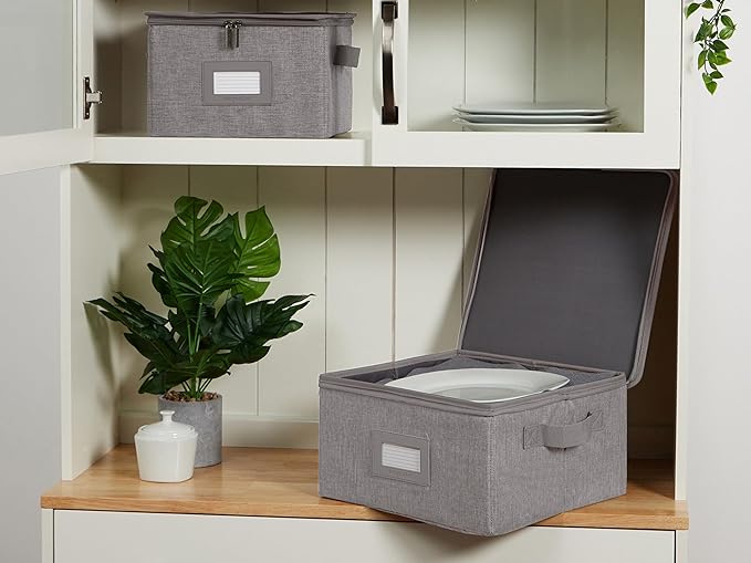 Covermates Dish Storage Box – China & Dinner Plate Storage Container with Dual Zippers, Reinforced Handles, ID Window & Stackable Structured Walls for Dishware Organization, Grey Heather