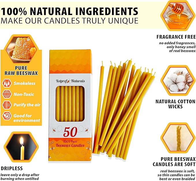 300 All Natural Décor 100% Pure Beeswax Taper Candles – Bulk, Tall (8 in), Unscented, Dripless, Smokeless, Slow Burning, Non Toxic, Honey Scent - for Home, Dinner, Cake, Prayer, Hanukkah, Christmas