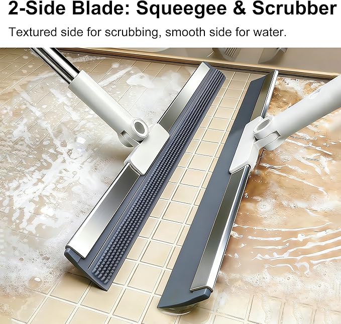 3-in-1 Floor Squeegee with 51″-58″ Telescoping Handle & 180° Rotating Head for Tile, Hardwood & Under-Furniture Cleaning, Air Broom for Water & Pet Hair Removal