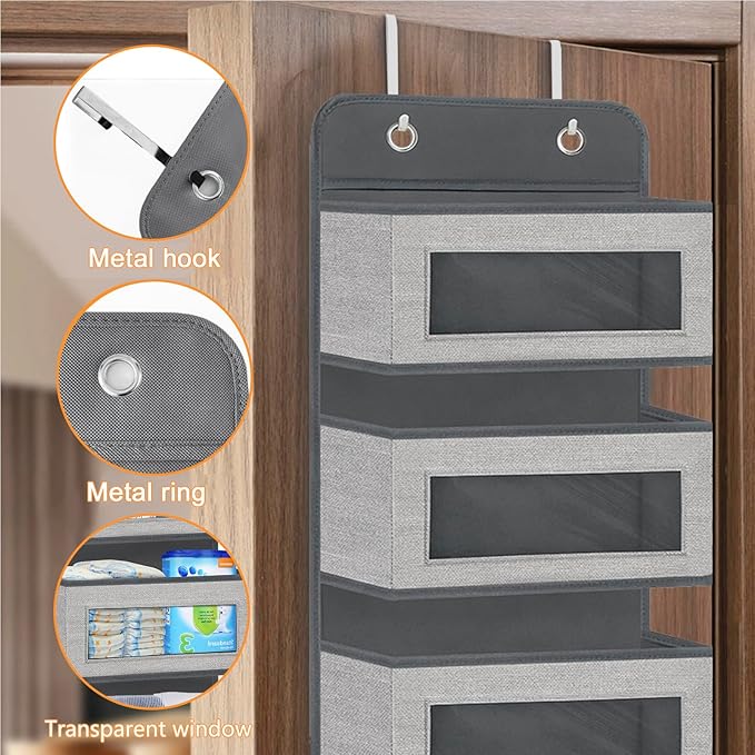 VERONLY Over The Door Hanging Organizer Storage with 5 Large Pockets,Wall Mount Clear Windows and 2 Widened Metal Hooks for Pantry,Nursery,Diapers,Bathroom,Kitchen,Closet,Dorm