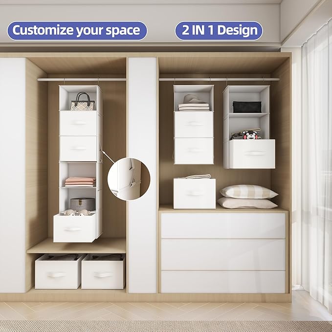 Twira 6-Shelf Hanging Closet Organizer, 2 Separable 3-Shelf Hanging Shelves, Hanging Storage with 3 Removanle Drawers 4 Side Pockets for Wardrobe, Nursery, Drom, Baby Clothes Organization White