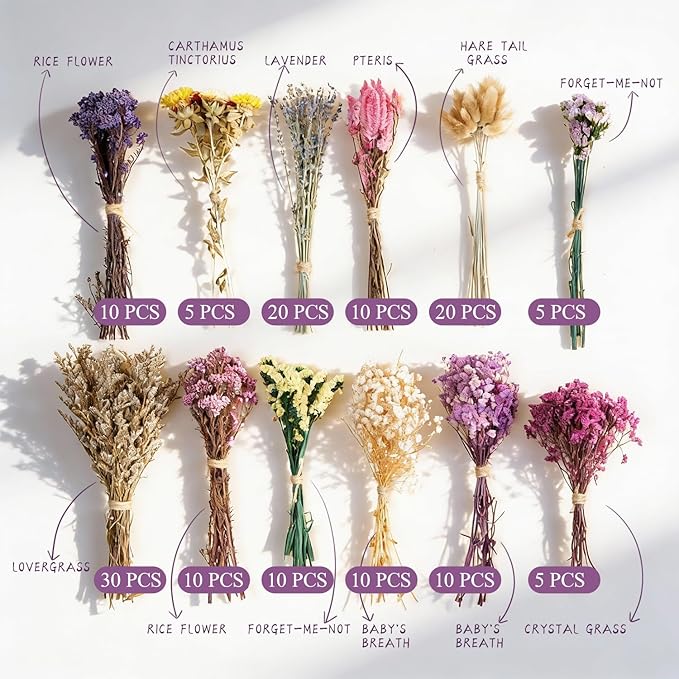 12 Kinds of Handmade Dried Flowers, Natural Pampas Grass, Asters, Love Grass, Rabbit Tail Grass, Lavender, Romantic Wedding Decoration, Festival Gift Home Decoration（Violet Series）