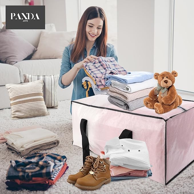 PANDA JOYS Extra Large Moving Bags with Zippers & Carrying Handles, Heavy-Duty Storage Tote for Space Saving Moving Storage, Fold Flat, Alternative to Box and Bin - 12 Pack, Semi-Transparent