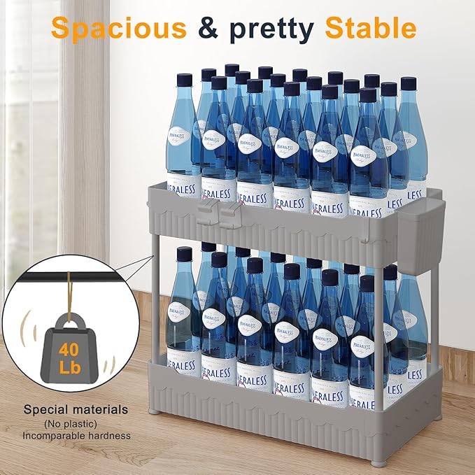 2 Pack Under Sink Organizer, Under Bathroom Cabinet Organizer with Hooks Hanging Cup, Multi-Purpose Storage Shelf for Kitchen Bathroom (Gray, 14.8 Inch)