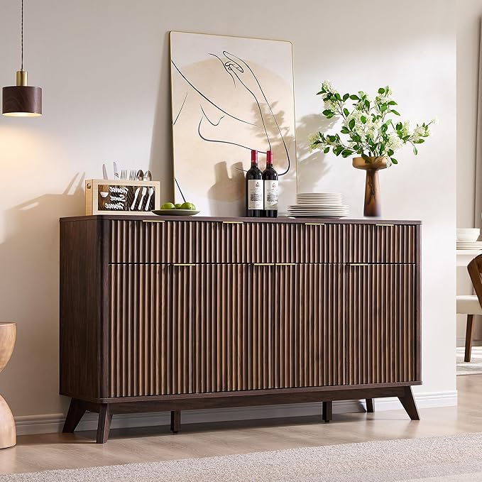 OKD Fluted Storage Cabinet with Drawers, 60" Morden Buffet Sideboard Coffee Bar Cabinet with 4 Doors and 3 Drawers for Dining Room, Living Room,Hallway (Dark Walnut)