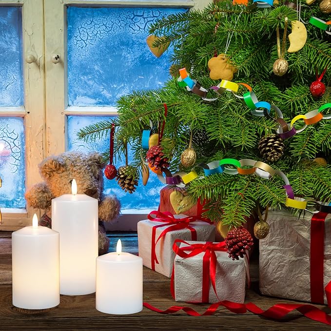 GenSwin Rechargeable Flameless Candles Battery Operated with Remote Timer, Set of 3 LED Pillar Candles with 3D Flickering Wick, Remote White Candle for Party/Wedding/Home Decor(D3x H4.6”5.8”6.8”)