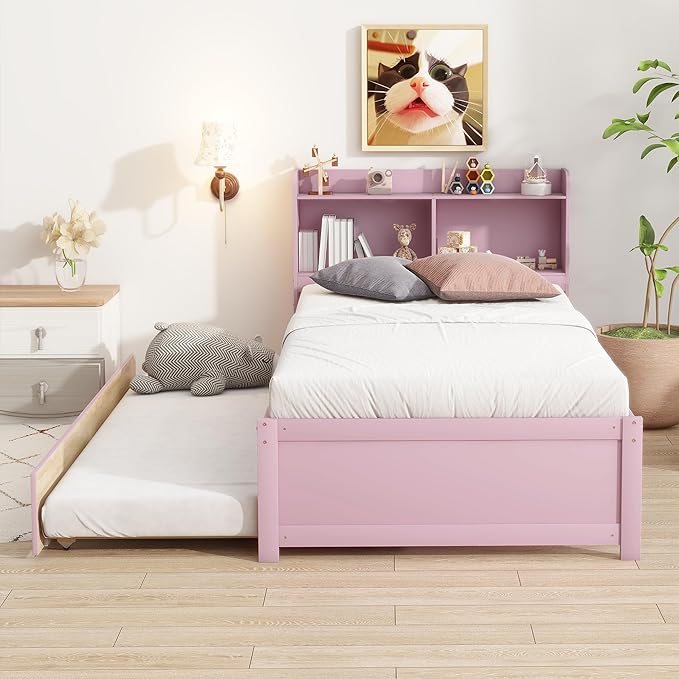 Harper & Bright Designs Twin Size Platform Bed with Bookcase Headboard and Trundle, Wooden Twin Platform Bed Frame with Bookself for Kids Girls Boys, Pink