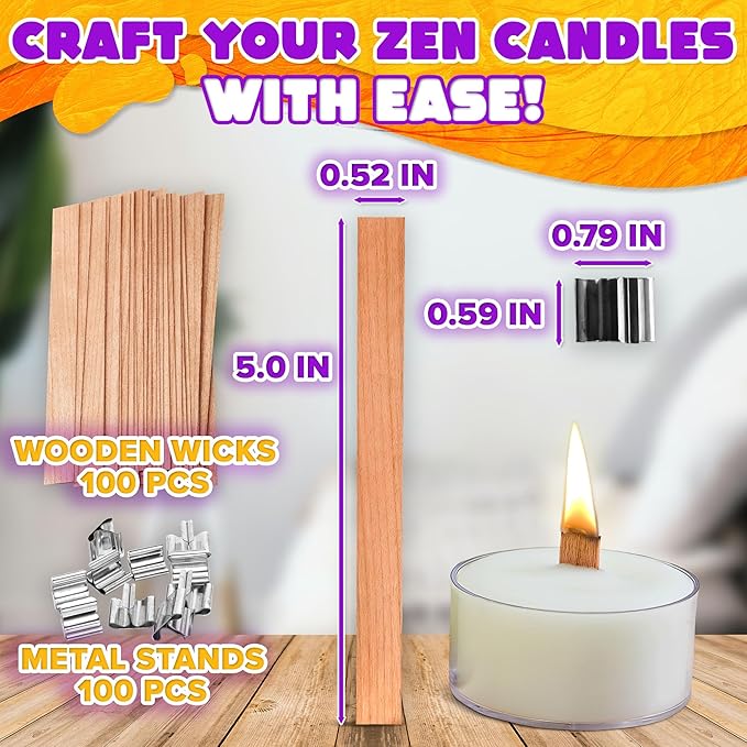 Wood Wicks for Candlemaking 100 Pcs (50 Sets) – Long Wooden Wicks for Candlemaking 5 x 0.52, for Home DIY Supplies – Includes Wood Wick and Metal Stands, Smooth Burn with Crackling Sound