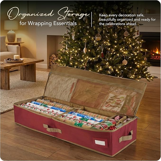 Covermates Keepsakes Gift Wrap Storage Organizer – Heavy-Duty Polyester with Buckle Straps & Interior Pockets – Holds Up to 15 Rolls of Gift Wrap with Handles & Label Window, Red