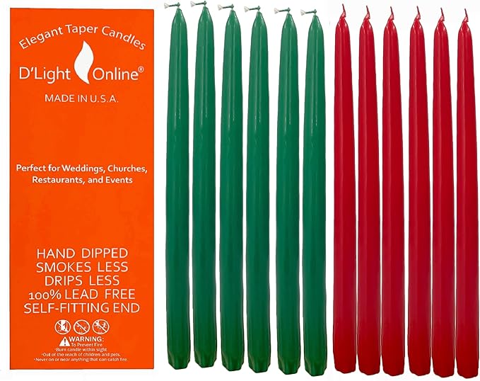D'light Online Elegant 10" Holidays Red and Green Taper Candles for Christmas - Premium Quality Candles Unscented, Hand-Dipped Tapered, Dripless and Smokeless - Set of 12 (10 Inch, Jingle Bells)