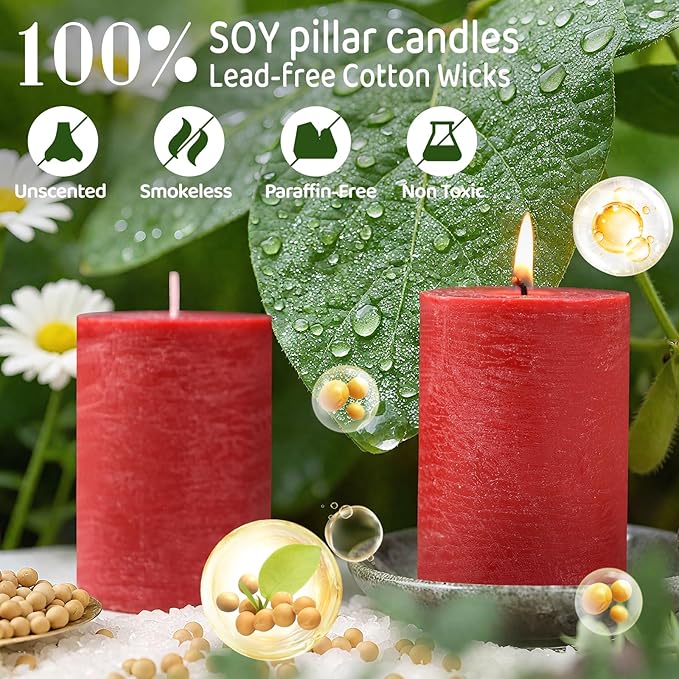 6 Pack Red Pillar Candles,Natural Soy Pillar Candles,330 H Long Lasting Burning 2.8x4in Unscented,Dripless and Smokeless Rustic Hand-Poured Candles Dinner Table,for Valentine's Day,Wedding,Home Decor