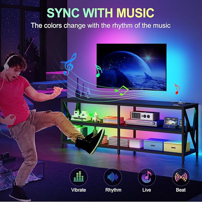 Lvifur LED TV Stand for 65 70 75 inch TV, Auto Sensor Entertainment Center with RGB Dimmable Lights, TV Console Table with Open Storage Shelves and Metal Frame (Black)