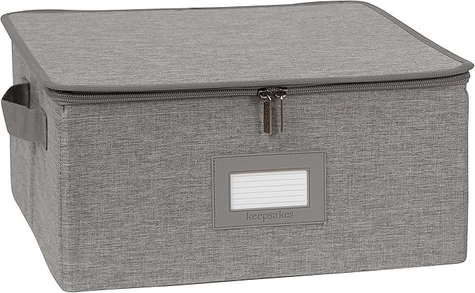 Covermates Dish Storage Box – China & Dinner Plate Storage Container with Dual Zippers, Reinforced Handles, ID Window & Stackable Structured Walls for Dishware Organization, Grey Heather