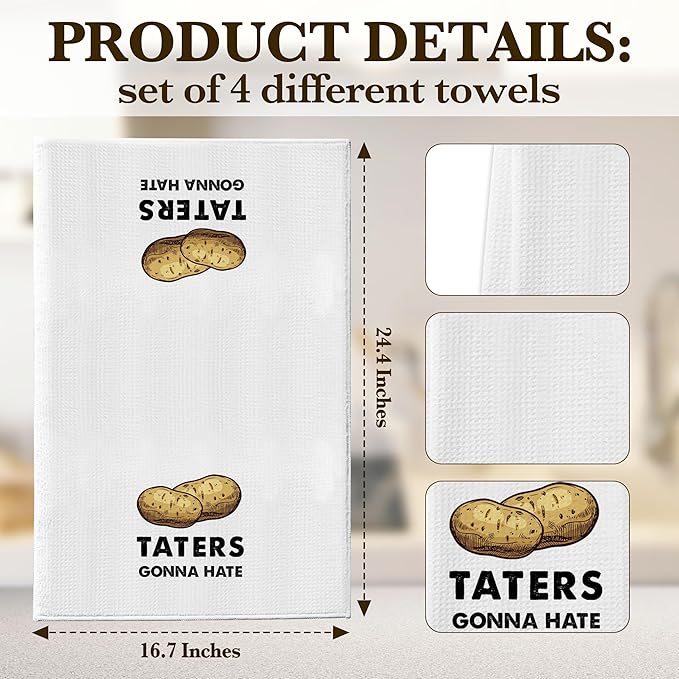 DETIHO Funny Veggie Kitchen Towels, Set of 4 Dish Towels for Washing Drying Dishes, Decorative Hand Tea Towels for Housewarming (A04)