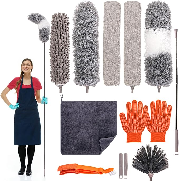 SOUJOY 12 PCS Microfiber Duster Kit with Bendable Heads and Extension Pole Up to 74'', Washable Reusable Feather Dusters for Cleaning High Places, Ceiling Fans, Blinds, Furniture, Cars