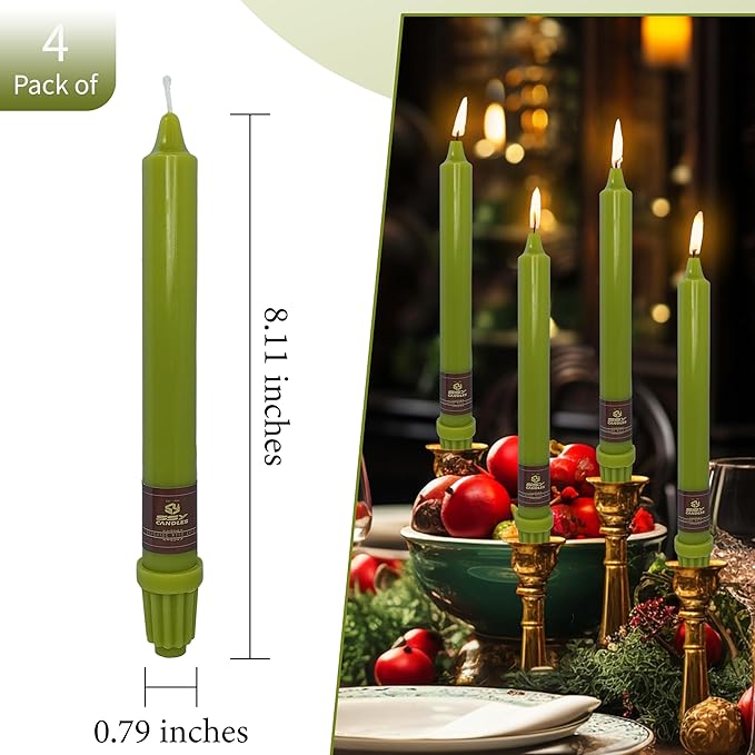 Green Taper Candles Unscented Candles Set of 4 Tapered Candles 8 inch Tall Candle Ideal as Dinner Candles Smokeless Long Burning Candlesticks for Weddings Dinner Party Home Decor