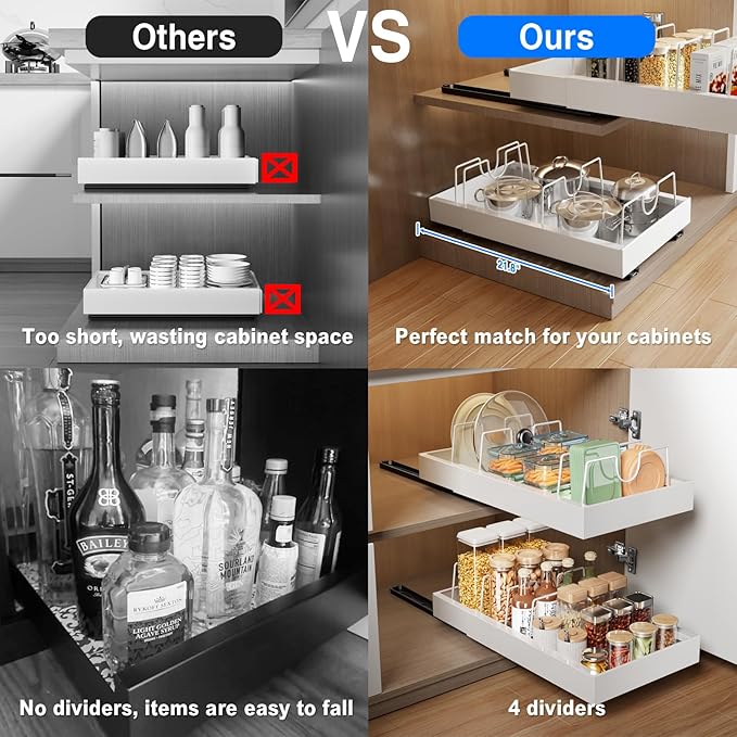 MUSTORN 2 Pack Pull Out Cabinet Organizer with 8 Dividers, 21.8" Deep Slide Out Drawer for Cabinets Adhesive Pull Out Drawers Heavy Duty Pull Out Shelf for Kitchen, Cupboard, Pantry, Bathroom(White)