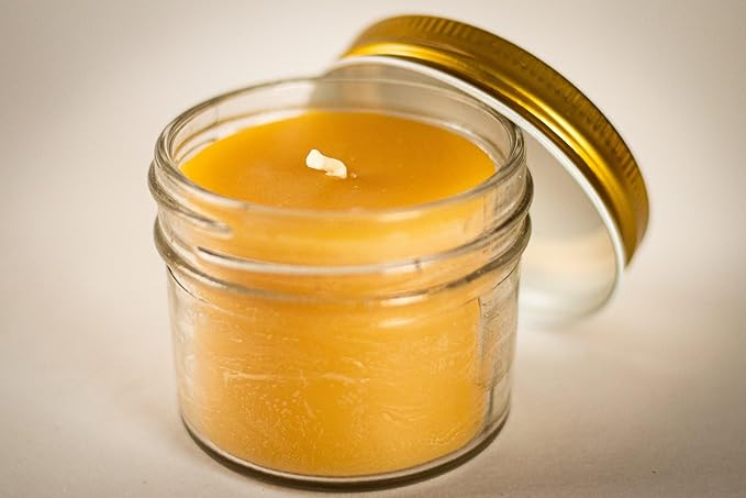 BeeTheLight Beeswax Jar Candle - 100% Pure USA Bees Wax in Glass Container with Cork Lid - Unscented - All Natural Light Honey Scent (4 oz w/Gold Lid, Unscented)