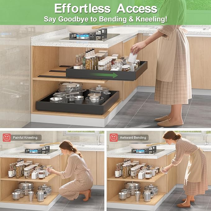 Expandable Pull-Out Cabinet Organizer - Black 21" D x Adjustable Width 12.6-20.47", No Drill Adhesive Installation with 3-Slide Rails for Kitchen Storage (2 Pack)