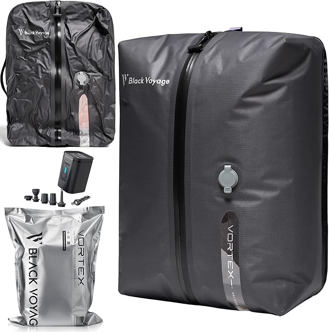 Black Voyage Reusable Vacuum Compression Travel Bag for Carry-On Suitcase and Backpack, Recycled IP67 Waterproof Space Saver Vacpack (1-Pack, 18L - Pump Included)