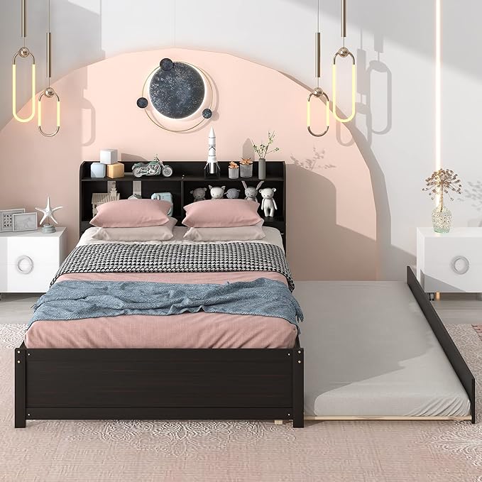 Harper & Bright Designs Full Size Bed Frame with Bookcase Headboard, Wooden Full Size Platform Bed with Trundle and Storage for Kids Girls Boys, No Box Spring Needed, Easy Assembly, Espresso
