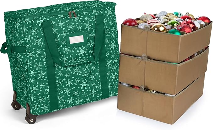 Covermates Keepsakes Rolling Adjustable Ornament Storage Bag – Heavy-Duty Polyester, FlexGrid Trays & Padded Dividers – Protective Holiday Organizer with Wheels, Handles & ID Window, Green Snowflake