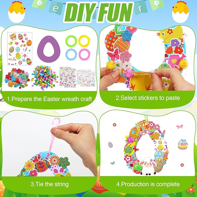 Hollowfly 48 Sets Easter Wreath Craft Kits DIY Easter Egg Wreath Hanging Ornaments Make Your Own Paper Craft with Stickers for Holiday Party Favors Home Activities Front Door Decor