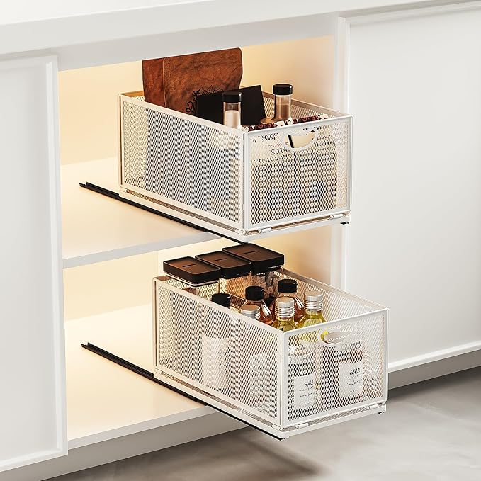 2 Pack Pull Out Cabinet Organizer, No Drill Adhesive Sliding Drawers for Kitchen, Metal Mesh Wire Storage Shelf for Pantry & Under Sink, White (9.6" W x 15.7" D x 8.4" H)