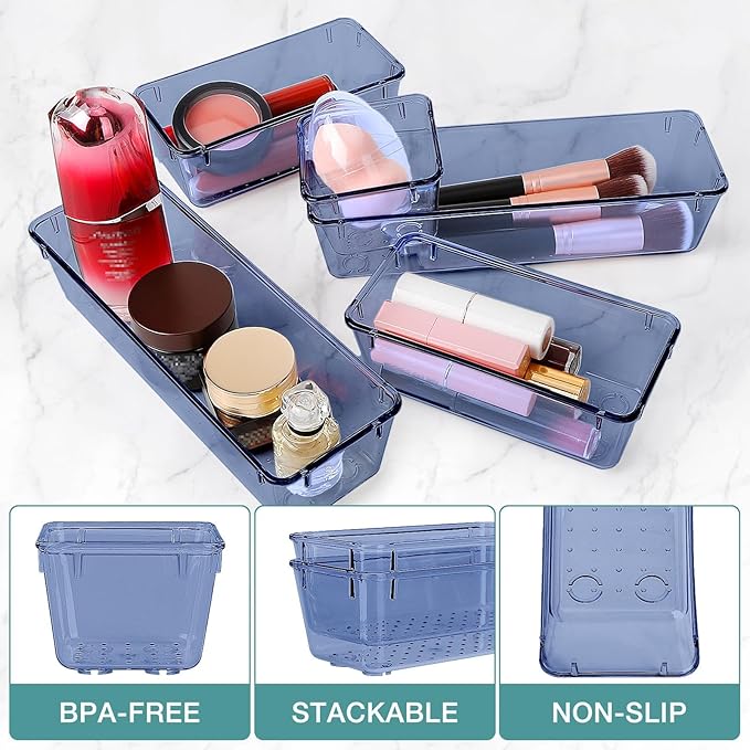 StorMiracle 16 PCS Drawer Organizer Set, 5 Varied Size Bathroom and kitchen Drawer cabinet organizer Trays, Clear Storage Bins for Makeup, Jewelry, Utensils and Gadgets,Dark Blue