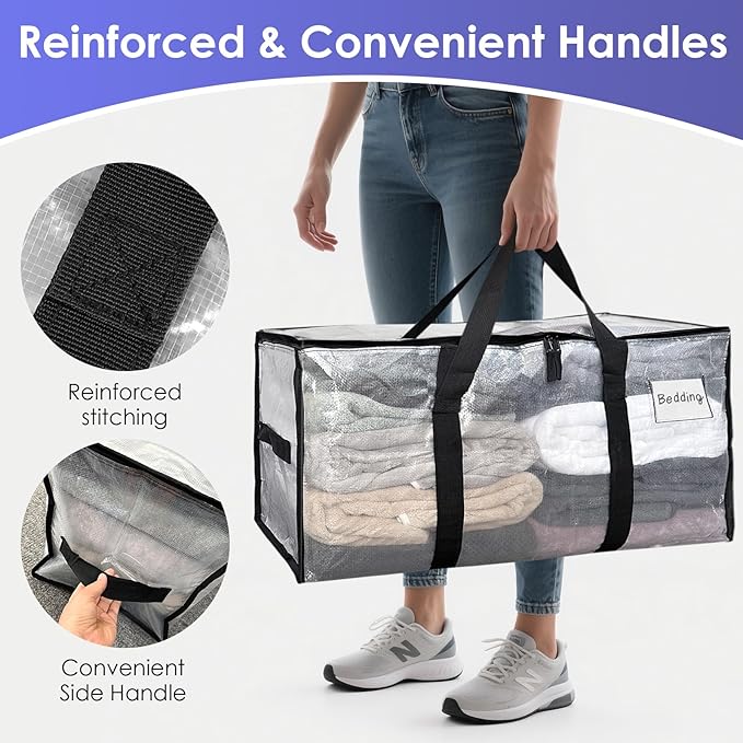 SINLAND 4 Pack Extra Large Heavy Duty Moving Bags with Strong Zippers, Reinforced Handles and Tag Pocket, Packing Totes Supplies for College Dorm Room, Packing Bags for Saving Space(Semi-Transparent)
