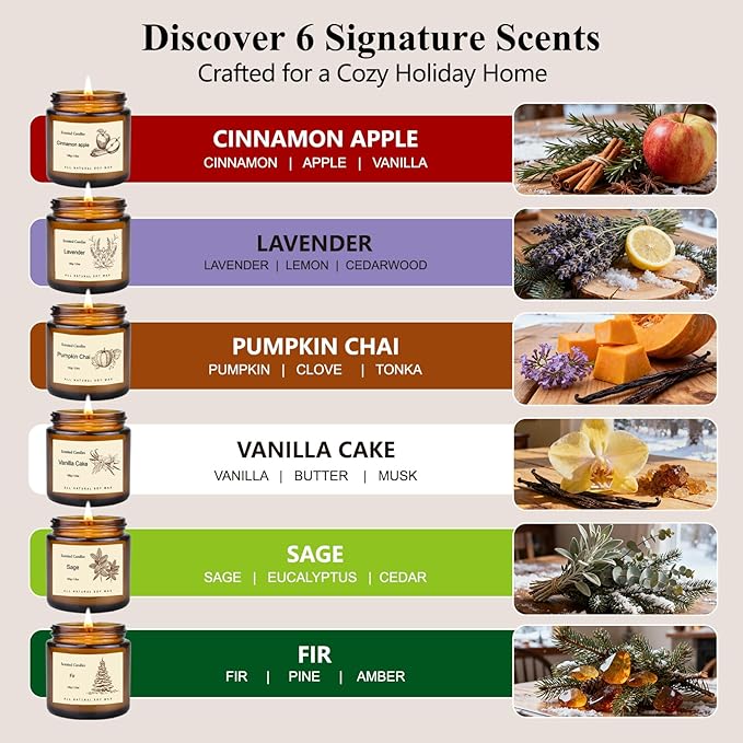 6 Pack Candles for Home Scented,Long Lasting Soy Candles for Home,Holiday Scented Candle Gift Set with Cinnamon Apple,Pumpkin Chai&Vanilla,Natural Aromatherapy Candles,Holiday Gifts for Women