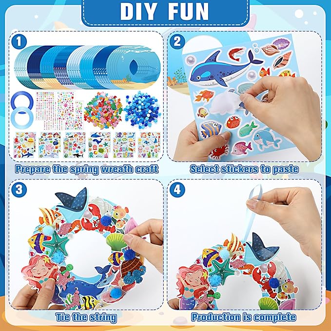Hollowfly 48 Sets Wreath Craft Kits DIY Wreath Hanging Ornaments Make Your Own Paper Craft with Stickers for Home Party Decor Activities(Summer Ocean)