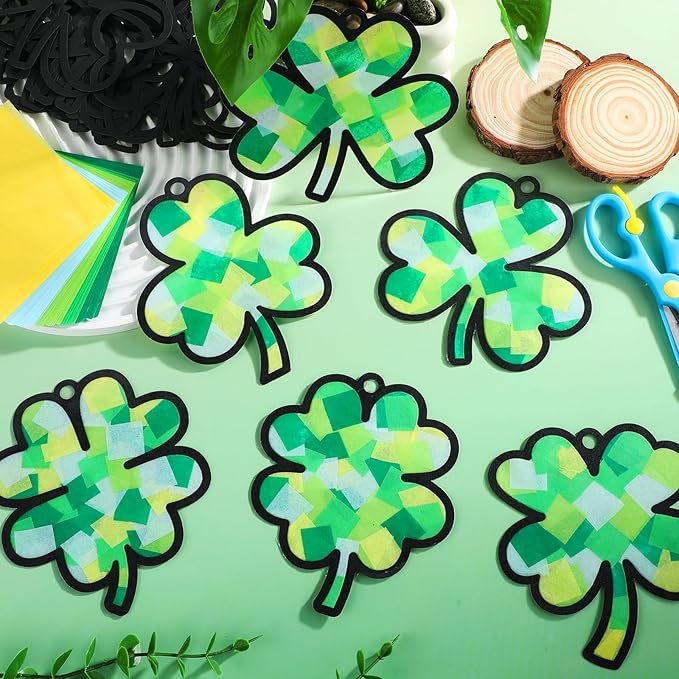 Qyeahkj 36 Set St. Patrick's Day Suncatchers Craft for DIY Shamrock Tissue Paper Craft Kit Lucky Shamrock Stained Glass Window Ornaments Decoration for Home Art Project Party Favor Gift