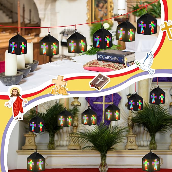 Simgoing 12 Sets Religious Cross Crafts with LED Candle Light DIY Christian Cross Lantern Tissue Paper Kits Religious Hanging Ornament for Church Sunday School Vbs Activities