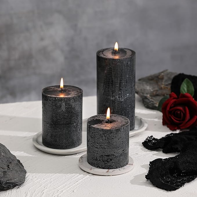 3x3 Inch Black Pillar Candles Set of 3 - Hand-Poured Unscented Candles, Long Clean Burning, Large Big Candle, Smokeless Dripless Candle for Dinner Table, Party, Home, Bathroom, Gothic Decor
